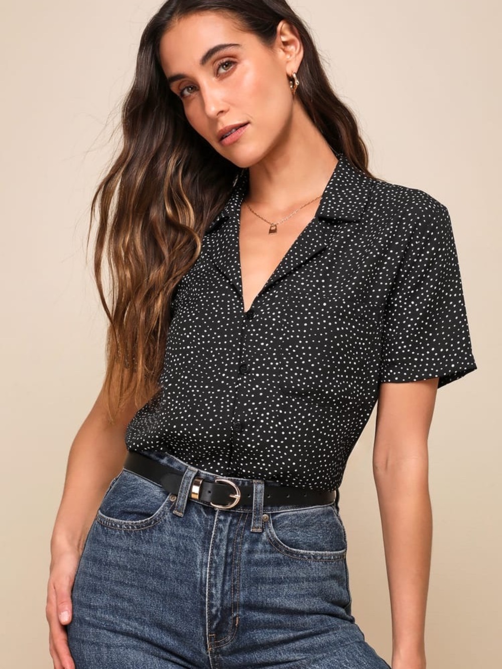 Lulu's Black Polka Dot Short Sleeve Button-Down Shirt